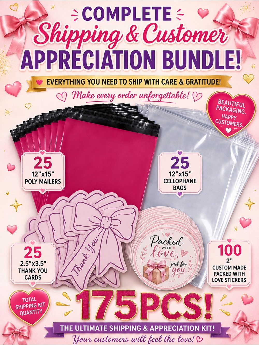Shipping Bundle 175pc 25 L Poly Mailers, 25 Cello Bags, 25 Cards & 100 Stickers